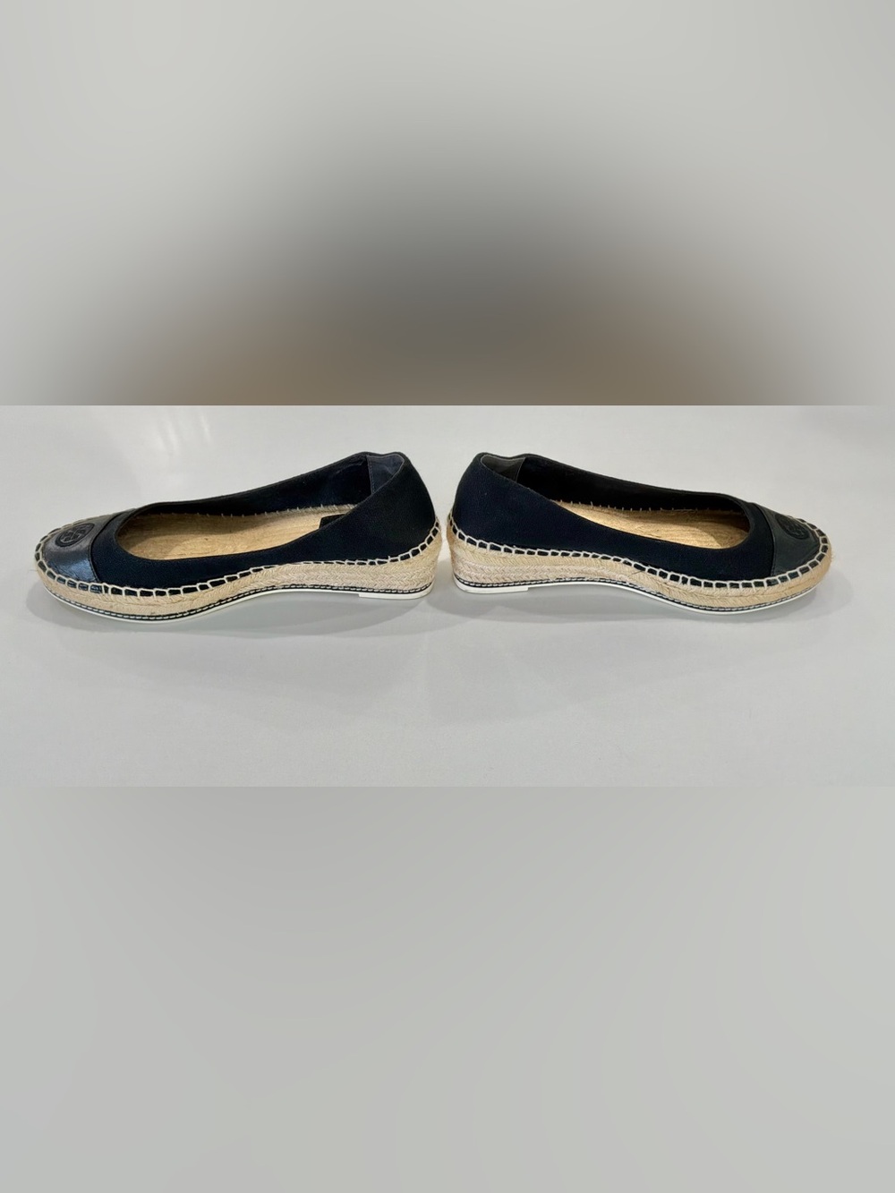 Tory Burch Weston Espadrille Flats Black Canvas Leather Logo Toe Women’s 9 - Picture 5 of 9